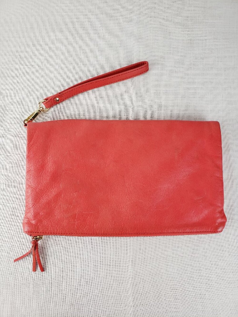 Alberta di Canio Foldover Clutch Purse Coral Red Leather Envelope Bag
